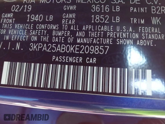 2019 Kia Rio S with VIN 3KPA25AB0KE209857, listed as a IAAI auction lot 41529245 with 71,212 mi miles and . Bid and sale history available at DreamBid. Image 9.