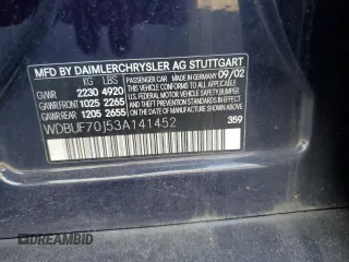 2003 Mercedes-Benz E-Class 5.0L with VIN WDBUF70J53A141452, listed as a Copart auction lot 75902244 with 0 mi miles and Salvage Title. Bid and sale history available at carsss.com. Image 12.