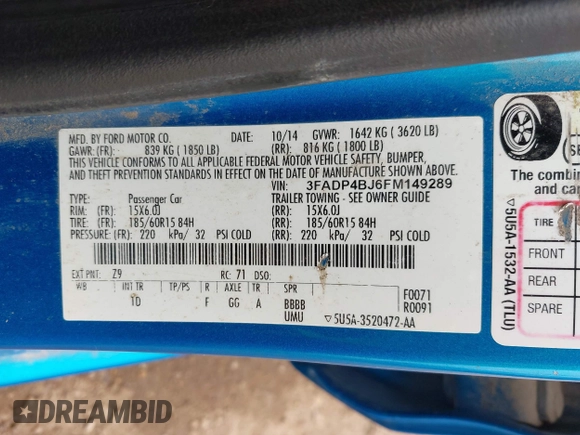 2015 Ford Fiesta SE with VIN 3FADP4BJ6FM149289, listed as a IAAI auction lot 42106497 with 134,089 mi miles and . Bid and sale history available at DreamBid. Image 9.