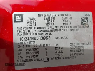 2013 GMC Yukon SLE with VIN 1GKS1AE07DR309832, listed as a IAAI auction lot 41014906 with 203,346 mi miles. Bid and sale history available at carsss.com. Image 9.