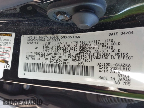 2004 Lexus GX 470 with VIN JTJBT20X440048953, listed as a IAAI auction lot 42242448 with 212,984 mi miles and . Bid and sale history available at DreamBid. Image 9.