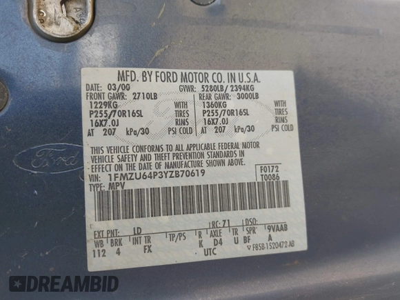 2000 Ford Explorer z VIN 1FMZU64P3YZB70619, wystawiony jako IAAI lot #42000128 z przebiegiem 230 681 mil mil oraz . Historia ofert i sprzedaży dostępna na DreamBid. Obrazek 9.