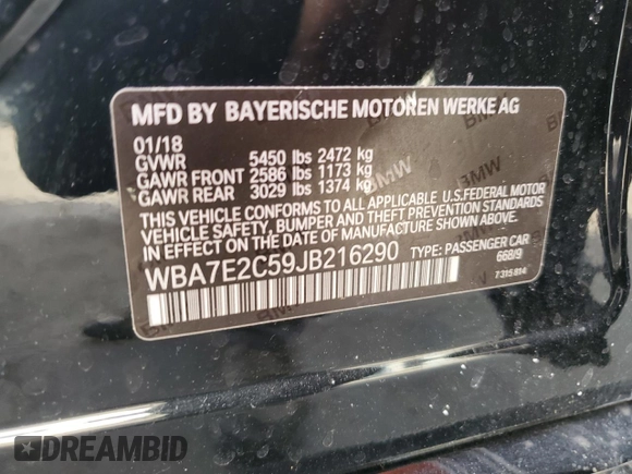 2018 BMW 7 Series 740i with VIN WBA7E2C59JB216290, listed as a Copart auction lot 89082215 with 56,020 mi miles and Salvage Title. Bid and sale history available at carsss.com. Image 14.