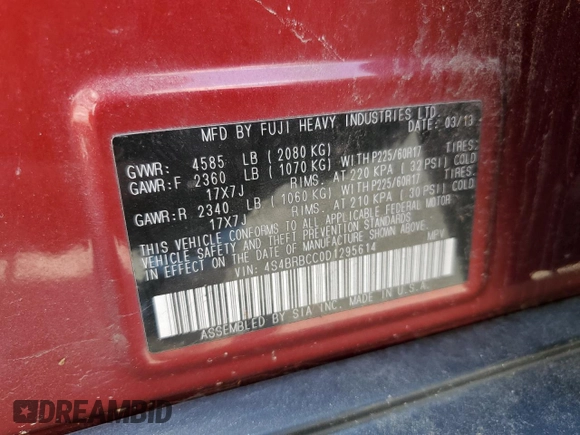 2013 Subaru Outback 2.5i Premium with VIN 4S4BRBCC0D1295614, listed as a Copart auction lot 61412674 with 93,040 mi miles and Salvage Title. Bid and sale history available at carsss.com. Image 12.