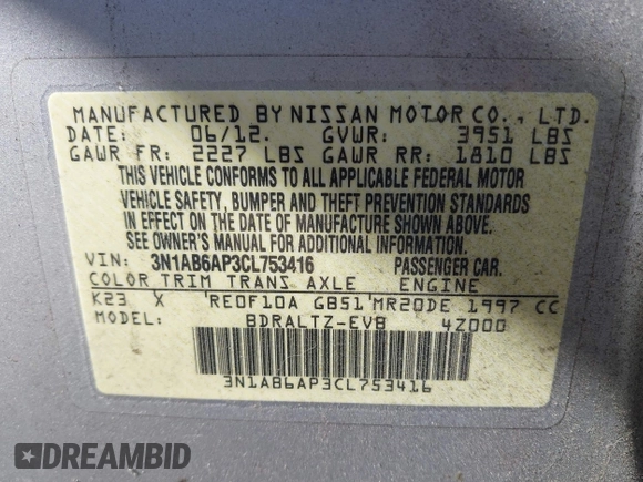 2012 Nissan Sentra SR with VIN 3N1AB6AP3CL753416, listed as a IAAI auction lot 40390890 with 108,201 mi miles and . Bid and sale history available at DreamBid. Image 9.