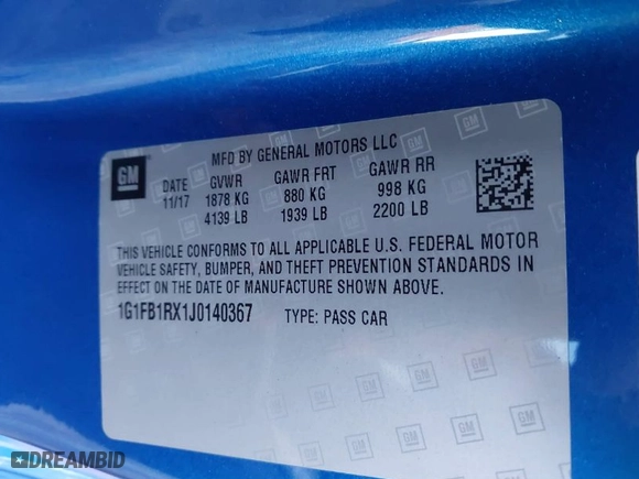2018 Chevrolet Camaro 1LT with VIN 1G1FB1RX1J0140367, listed as a IAAI auction lot 41252986 with NaN miles. Bid and sale history available at carsss.com. Image 9.