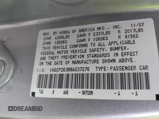 2008 Honda Accord LX z VIN 1HGCP26388A037276, wystawiony jako IAAI lot #41907664 z przebiegiem Nie podano mil oraz . Historia ofert i sprzedaży dostępna na DreamBid. Obrazek 9.