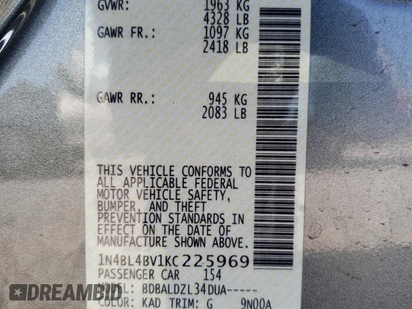 2019 Nissan Altima S z VIN 1N4BL4BV1KC225969, wystawiony jako Copart lot #47861845 z przebiegiem 76 940 mil mil oraz Szkoda całkowita • Salvage title. Historia ofert i sprzedaży dostępna na DreamBid. Obrazek 15.