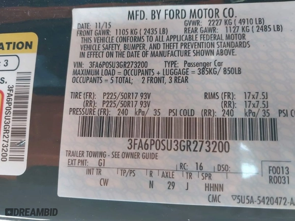 2016 Ford Fusion Energi Titanium with VIN 3FA6P0SU3GR273200, listed as a IAAI auction lot 41769899 with 152,193 mi miles. Bid and sale history available at carsss.com. Image 9.