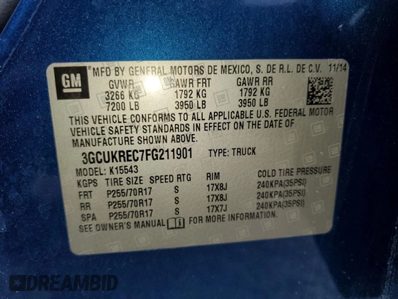 2015 Chevrolet Silverado 1500 LT with VIN 3GCUKREC7FG211901, listed as a Copart auction lot 46129515 with 105,273 mi miles and Salvage Title. Bid and sale history available at carsss.com. Image 12.