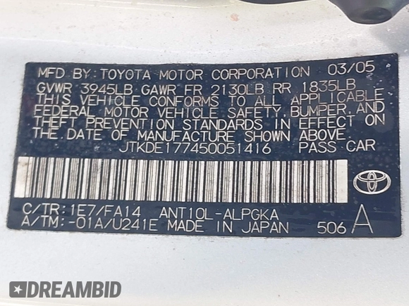 2005 Scion tC z VIN JTKDE177450051416, wystawiony jako IAAI lot #42290929 z przebiegiem 161 452 mil mil oraz . Historia ofert i sprzedaży dostępna na DreamBid. Obrazek 9.