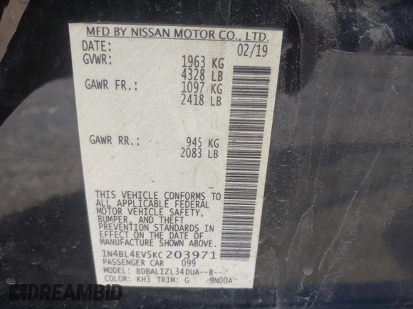 2019 Nissan Altima 2.5 SL with VIN 1N4BL4EV5KC203971, listed as a IAAI auction lot 41936198 with 122,766 mi miles. Bid and sale history available at carsss.com. Image 9.