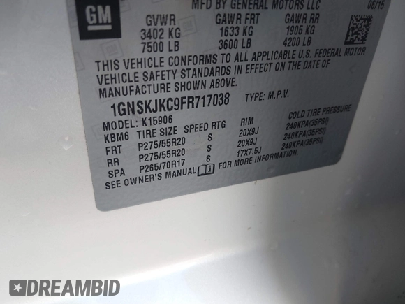 2015 Chevrolet Suburban LT with VIN 1GNSKJKC9FR717038, listed as a IAAI auction lot 41815942 with 123,095 mi miles and . Bid and sale history available at DreamBid. Image 9.