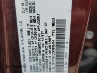 2019 Honda Ridgeline RTL with VIN 5FPYK3F5XKB038414, listed as a Copart auction lot 55408955 with Not provided miles and Salvage title. Bid and sale history available at DreamBid. Image 12.