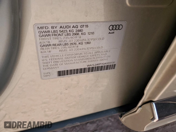 2016 Audi Q5 Premium Plus with VIN WA1L2AFP7GA023131, listed as a Copart auction lot 62915055 with 63,674 mi miles and Salvage title. Bid and sale history available at DreamBid. Image 13.
