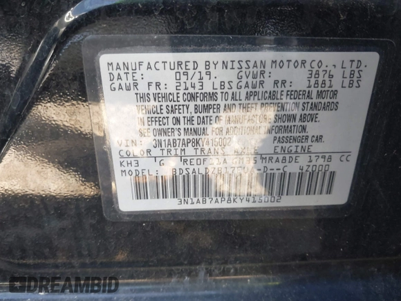 2019 Nissan Sentra S with VIN 3N1AB7AP8KY415002, listed as a IAAI auction lot 41772857 with 95,898 mi miles and . Bid and sale history available at DreamBid. Image 9.