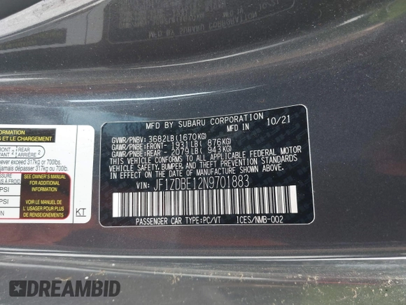 2022 Subaru BRZ Limited с VIN JF1ZDBE12N9701883, выставлен на аукционе IAAI как лот 42474150 с пробегом 16 321 миль миль и . История ставок и продаж доступна на DreamBid. Изображение 9.