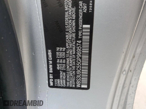 2016 BMW M4 with VIN WBS3U9C55GP969574, listed as a Copart auction lot 50695805 with 0 mi miles and Non Repairable. Bid and sale history available at carsss.com. Image 13.