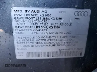 2018 Audi SQ5 Premium Plus with VIN WA1A4AFY1J2150081, listed as a Copart auction lot 42928885 with 54,757 mi miles and Salvage Title. Bid and sale history available at DreamBid. Image 13.