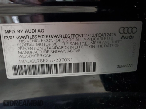 2007 Audi S4 z VIN WAUGL78EX7A237031, wystawiony jako Copart lot #52225755 z przebiegiem 117 290 mil mil oraz Szkody całkowita. Historia ofert i sprzedaży dostępna na DreamBid. Obrazek 12.