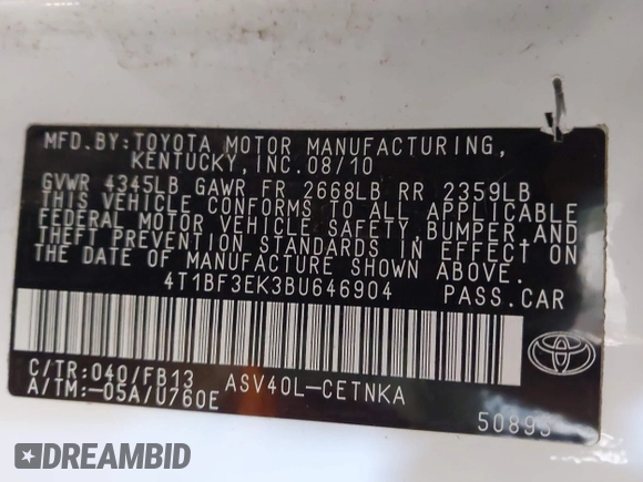 2011 Toyota Camry LE with VIN 4T1BF3EK3BU646904, listed as a IAAI auction lot 42109205 with 344,096 mi miles. Bid and sale history available at carsss.com. Image 9.