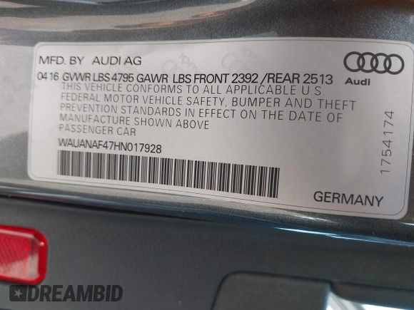 2017 Audi A4 Premium z VIN WAUANAF47HN017928, wystawiony jako IAAI lot #41753286 z przebiegiem 103 447 mil mil oraz . Historia ofert i sprzedaży dostępna na DreamBid. Obrazek 9.