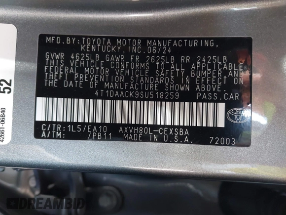 2025 Toyota Camry LE z VIN 4T1DAACK9SU518259, wystawiony jako IAAI lot #42225124 z przebiegiem 222 mil mil oraz . Historia ofert i sprzedaży dostępna na DreamBid. Obrazek 9.
