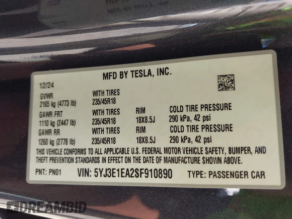 2025 Tesla Model 3 Long Range with VIN 5YJ3E1EA2SF910890, listed as a IAAI auction lot 41791583 with Not Provided miles and . Bid and sale history available at DreamBid. Image 9.