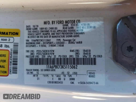 2019 Ford Mustang GT with VIN 1FA6P8CF3K5115062, listed as a Copart auction lot 87448904 with 31,253 mi miles and Salvage title. Bid and sale history available at DreamBid. Image 13.