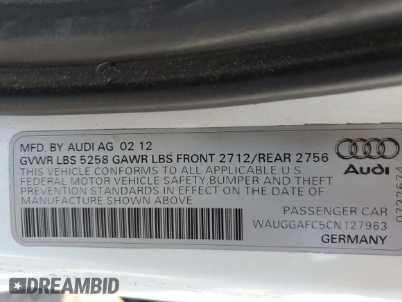 2012 Audi A6 Premium Plus with VIN WAUGGAFC5CN127963, listed as a Copart auction lot 63074335 with 140,979 mi miles and Salvage title. Bid and sale history available at DreamBid. Image 12.