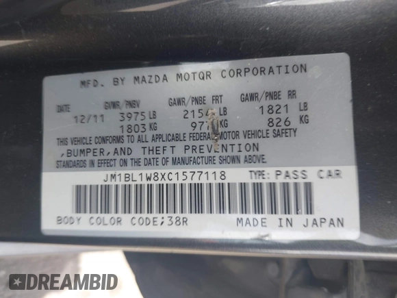 2012 Mazda 3 i Grand Touring with VIN JM1BL1W8XC1577118, listed as a IAAI auction lot 42349406 with 107,373 mi miles and . Bid and sale history available at DreamBid. Image 9.