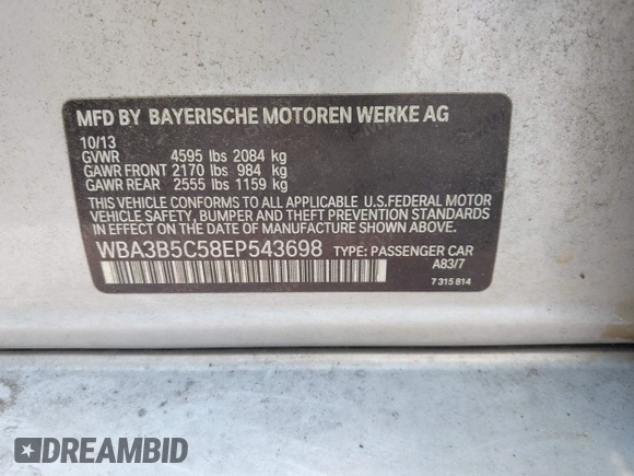 2014 BMW 3 Series 328i xDrive с VIN WBA3B5C58EP543698, выставлен на аукционе IAAI как лот 42417625 с пробегом 237 150 миль миль и . История ставок и продаж доступна на DreamBid. Изображение 8.