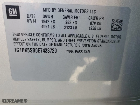 2014 Chevrolet Cruze LT with VIN 1G1PK5SB0E7433720, listed as a Copart auction lot 44080065 with 89,831 mi miles and Salvage Title. Bid and sale history available at carsss.com. Image 14.