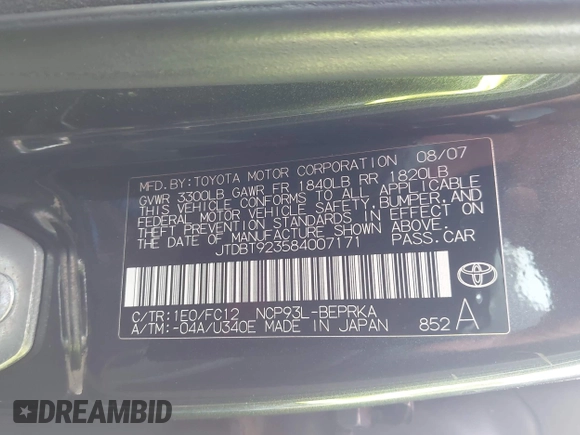 2008 Toyota Yaris with VIN JTDBT923584007171, listed as a IAAI auction lot 42118892 with 202,689 mi miles. Bid and sale history available at carsss.com. Image 9.