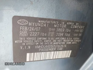 2007 Hyundai Elantra GLS z VIN KMHDU46D57U162616, wystawiony jako IAAI lot #42467244 z przebiegiem 78 434 mil mil oraz . Historia ofert i sprzedaży dostępna na DreamBid. Obrazek 9.