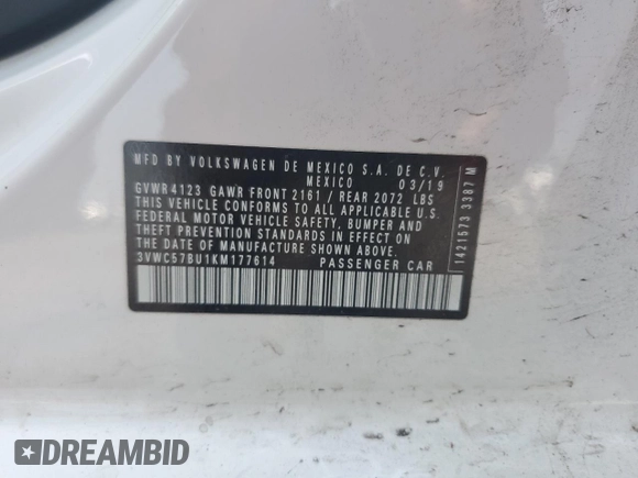 2019 Volkswagen Jetta S with VIN 3VWC57BU1KM177614, listed as a Copart auction lot 60475785 with 31,188 mi miles and Salvage title. Bid and sale history available at DreamBid. Image 12.