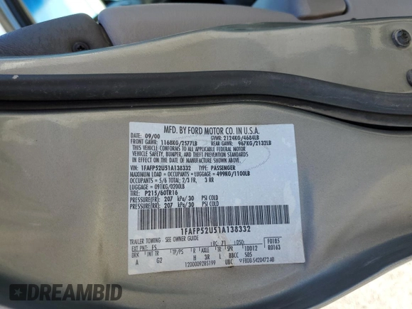 2001 Ford Taurus LX Standard z VIN 1FAFP52U51A138332, wystawiony jako Copart lot #88528355 z przebiegiem 166 511 mil mil oraz Szkoda całkowita • Salvage title. Historia ofert i sprzedaży dostępna na DreamBid. Obrazek 12.