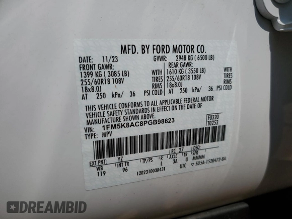 2023 Ford Explorer with VIN 1FM5K8AC8PGB98623, listed as a Copart auction lot 62146885 with 3,128 mi miles and Salvage title. Bid and sale history available at DreamBid. Image 14.