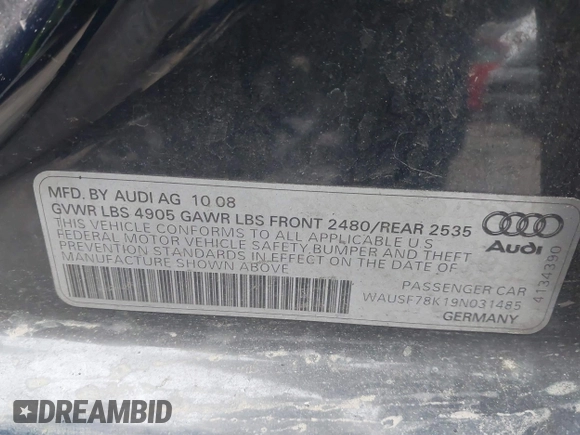 2009 Audi A4 2.0T Prem Plus with VIN WAUSF78K19N031485, listed as a IAAI auction lot 41740610 with 90,678 mi miles. Bid and sale history available at carsss.com. Image 9.