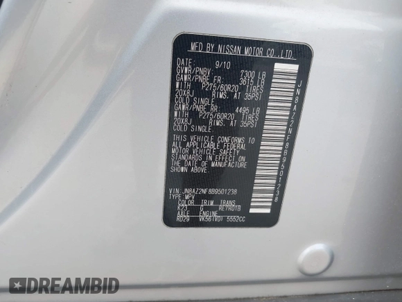 2011 Infiniti QX56 7-passenger with VIN JN8AZ2NF8B9501238, listed as a IAAI auction lot 42430925 with 188,605 mi miles and . Bid and sale history available at DreamBid. Image 9.