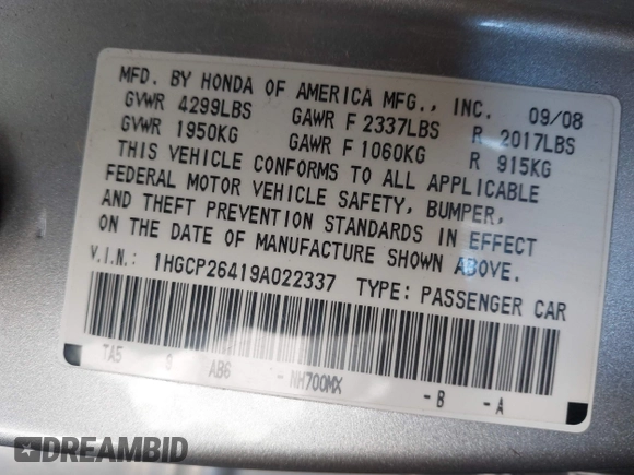 2009 Honda Accord LX-P with VIN 1HGCP26419A022337, listed as a IAAI auction lot 41859814 with 167,439 mi miles and . Bid and sale history available at DreamBid. Image 9.