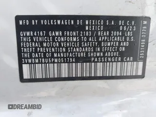 2023 Volkswagen Jetta Sport with VIN 3VWBM7BU5PM051794, listed as a IAAI auction lot 42023152 with 31,826 mi miles and . Bid and sale history available at DreamBid. Image 9.