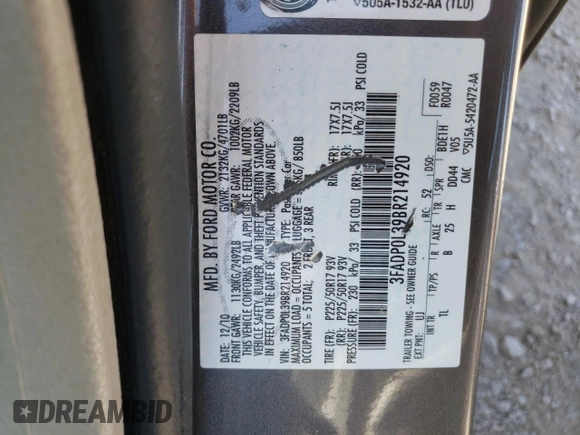2011 Ford Fusion Hybrid с VIN 3FADP0L39BR214920, выставлен на аукционе Copart как лот 57888465 с пробегом 133 656 миль миль и Списание • Salvage title. История ставок и продаж доступна на DreamBid. Изображение 12.