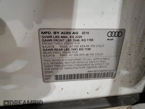2015 Audi Q3 Prestige with VIN WA1GFCFS8FR012418, listed as a Copart auction lot 56099805 with 136,595 mi miles and Salvage title. Bid and sale history available at DreamBid. Image 13.
