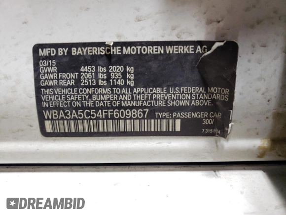 2015 BMW 3 Series 328i with VIN WBA3A5C54FF609867, listed as a Copart auction lot 51260775 with 107,799 mi miles and Salvage Title. Bid and sale history available at carsss.com. Image 13.