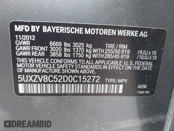 2013 BMW X5 xDrive50i with VIN 5UXZV8C52D0C15272, listed as a IAAI auction lot 42644739 with 169,393 mi miles and . Bid and sale history available at DreamBid. Image 9.