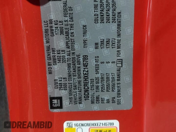 2014 Chevrolet Silverado 1500 with VIN 1GCNCREHXEZ145789, listed as a Copart auction lot 49135155 with 57,274 mi miles and Salvage Title. Bid and sale history available at DreamBid. Image 13.