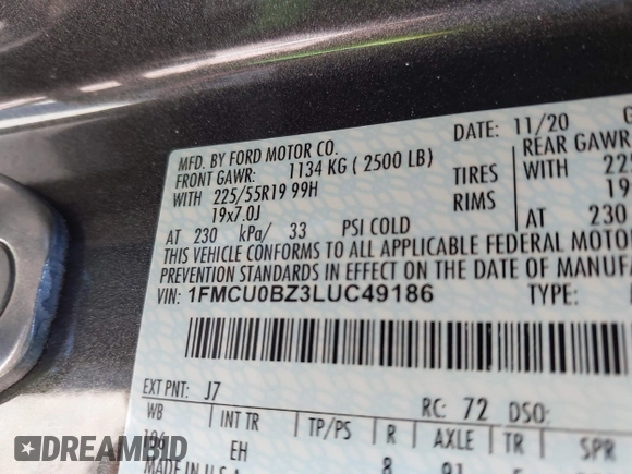 2020 Ford Escape SE Sport Hybrid with VIN 1FMCU0BZ3LUC49186, listed as a IAAI auction lot 42367825 with 28,362 mi miles and . Bid and sale history available at DreamBid. Image 9.