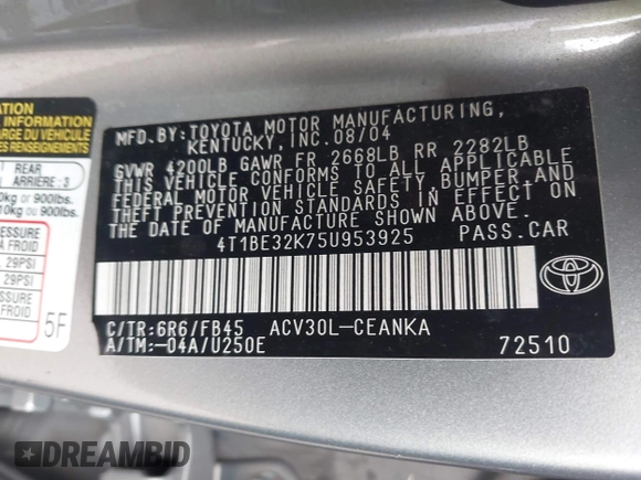 2005 Toyota Camry STD with VIN 4T1BE32K75U953925, listed as a IAAI auction lot 42411400 with 289,566 mi miles and . Bid and sale history available at DreamBid. Image 9.