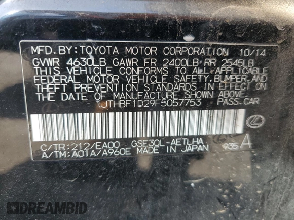 2015 Lexus IS 250 z VIN JTHBF1D29F5057753, wystawiony jako Copart lot #54773575 z przebiegiem 96 122 mil mil oraz Szkoda całkowita • Salvage title. Historia ofert i sprzedaży dostępna na DreamBid. Obrazek 12.